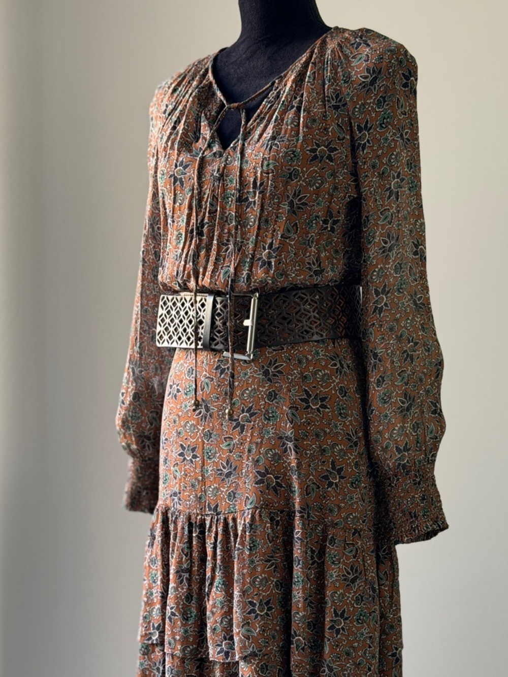 Veronica Beard Rust Floral Tiered Long Sleeve Midi Dress